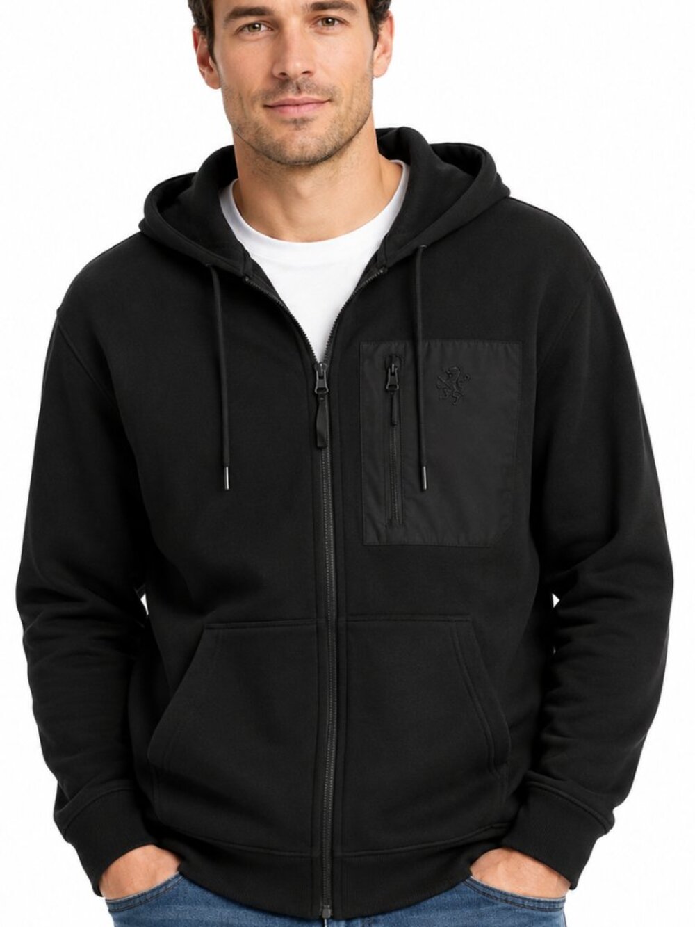 NWT medium mens black hoodie w/ drawstring & zip close Outdoor Skater Streetwear